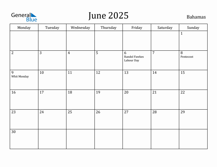 June 2025 Bahamas Monthly Calendar with Holidays