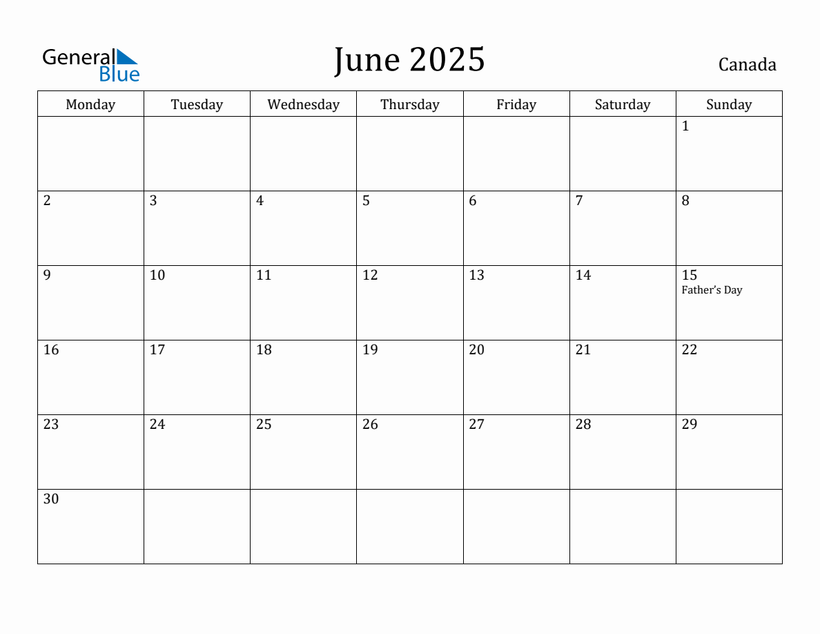 June 2025 Canada Monthly Calendar with Holidays
