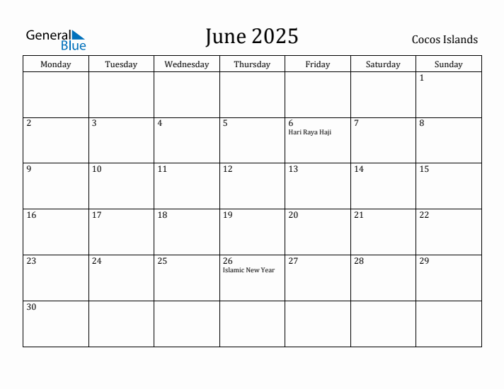 June 2025 Cocos Islands Monthly Calendar with Holidays