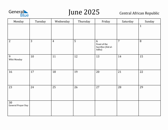 June 2025 Calendar Central African Republic