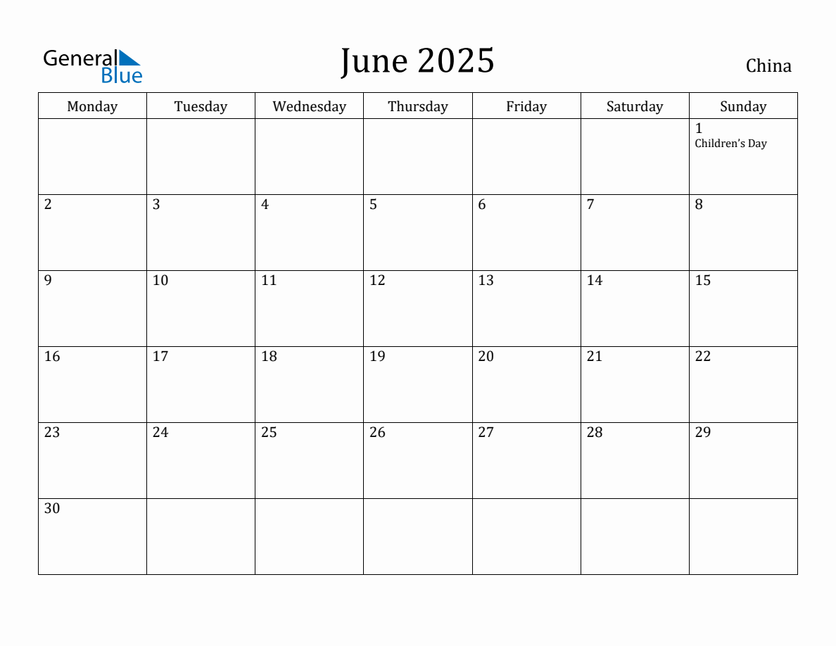 June 2025 Monthly Calendar with China Holidays