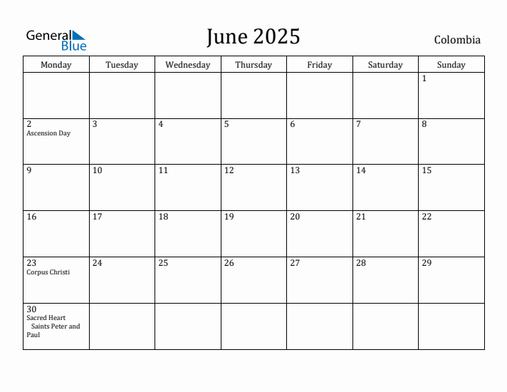 June 2025 Calendar Colombia