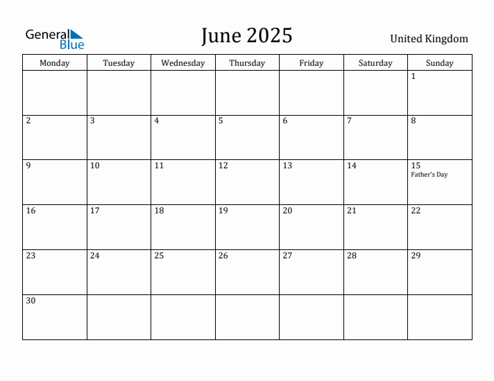 June 2025 Calendar United Kingdom