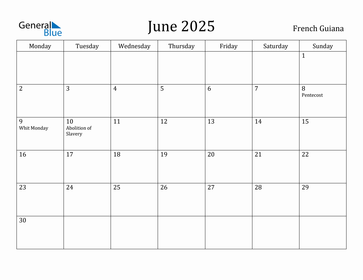 June 2025 Monthly Calendar with French Guiana Holidays