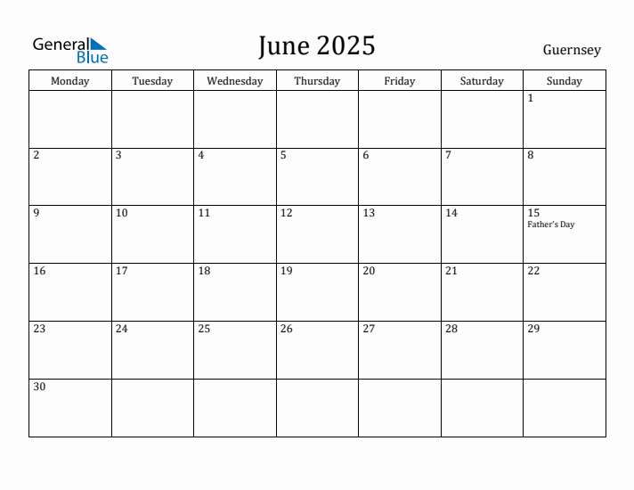 June 2025 Calendar Guernsey