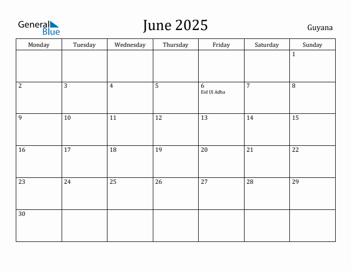 June 2025 Calendar Guyana
