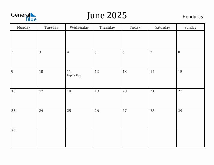 June 2025 Calendar Honduras
