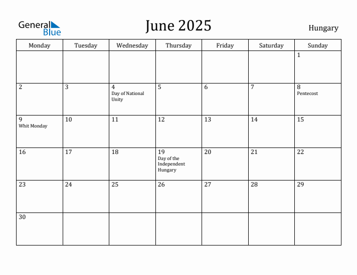 June 2025 Calendar Hungary