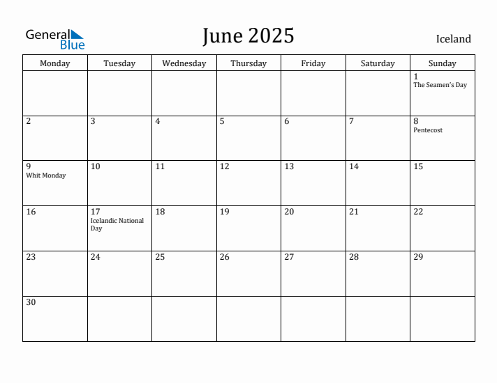 June 2025 Calendar Iceland