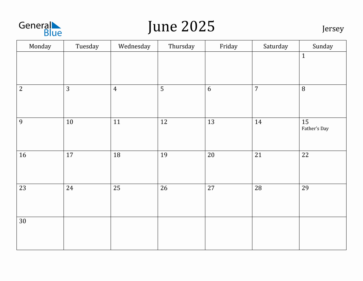 June 2025 Jersey Monthly Calendar with Holidays