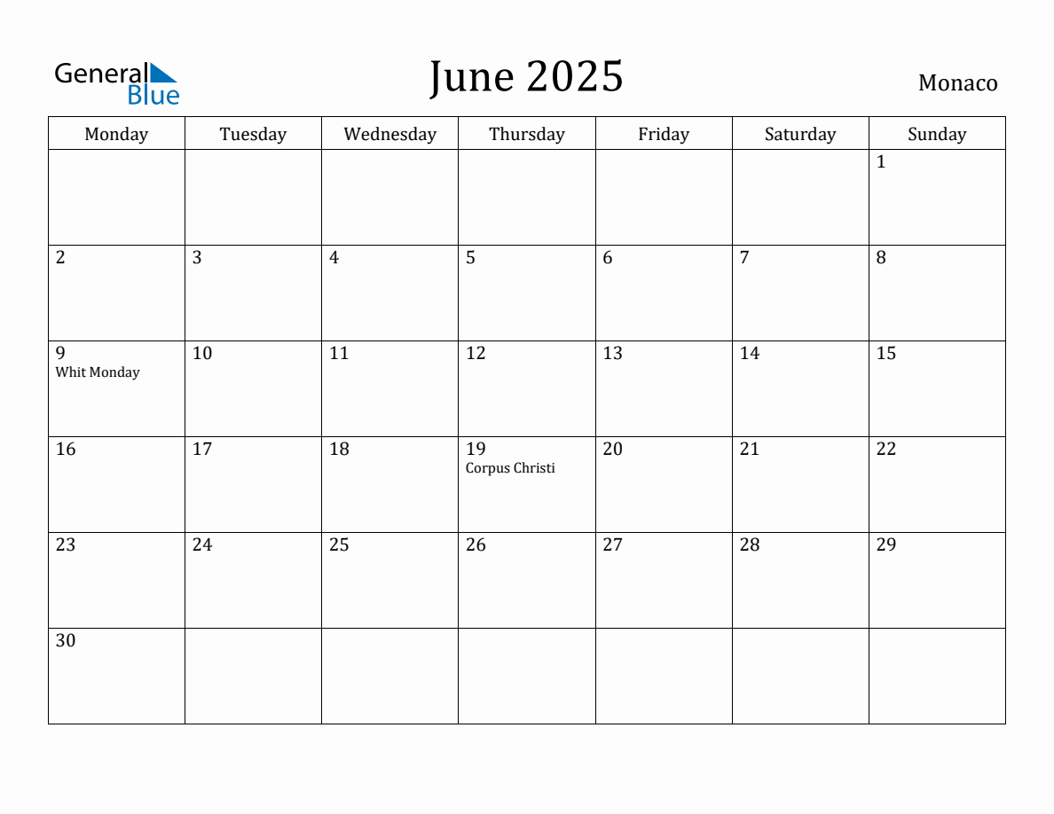 June 2025 Monthly Calendar with Monaco Holidays