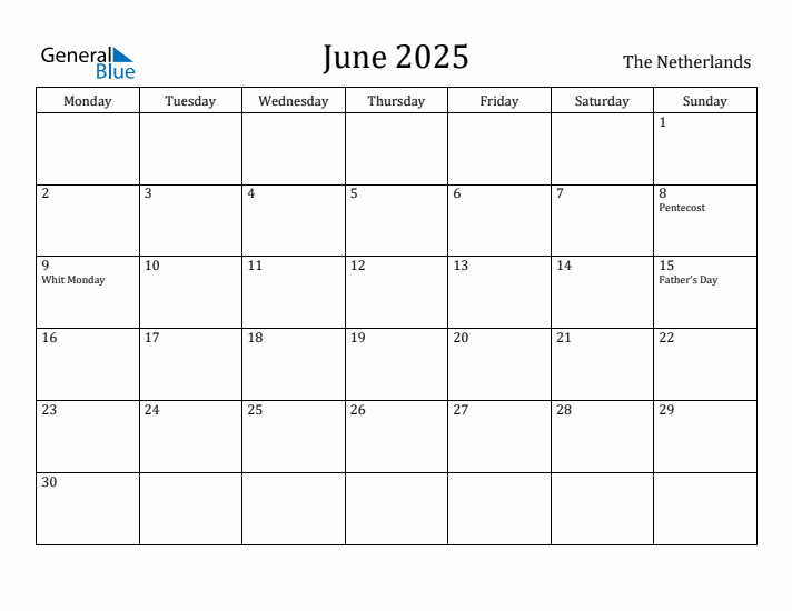 June 2025 Calendar The Netherlands