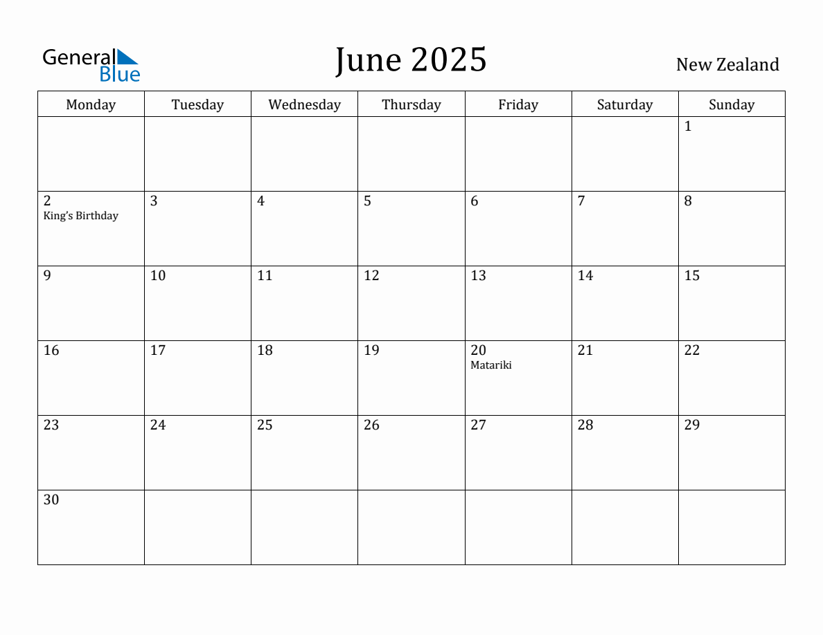 June 2025 New Zealand Monthly Calendar with Holidays