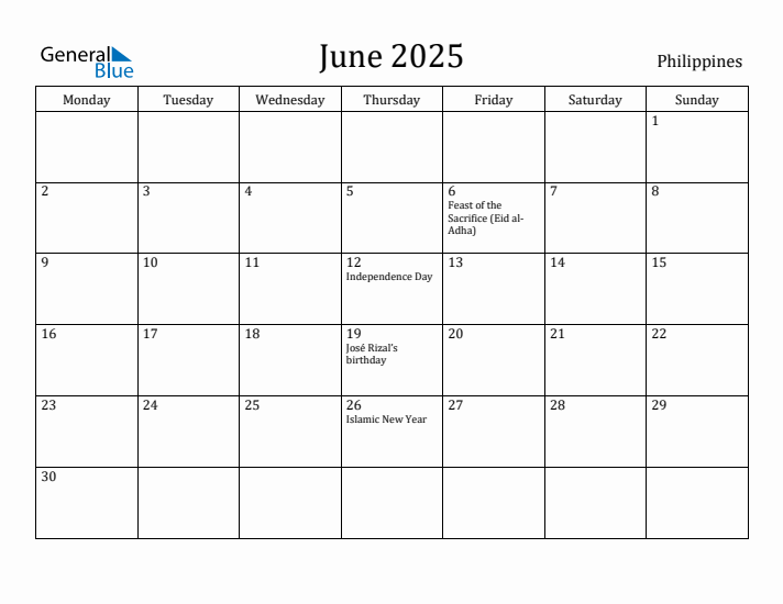 June 2025 Calendar Philippines
