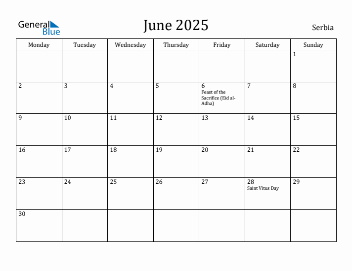 June 2025 Calendar Serbia