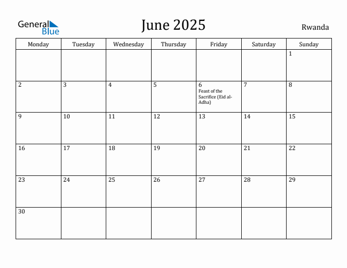 June 2025 Rwanda Monthly Calendar with Holidays