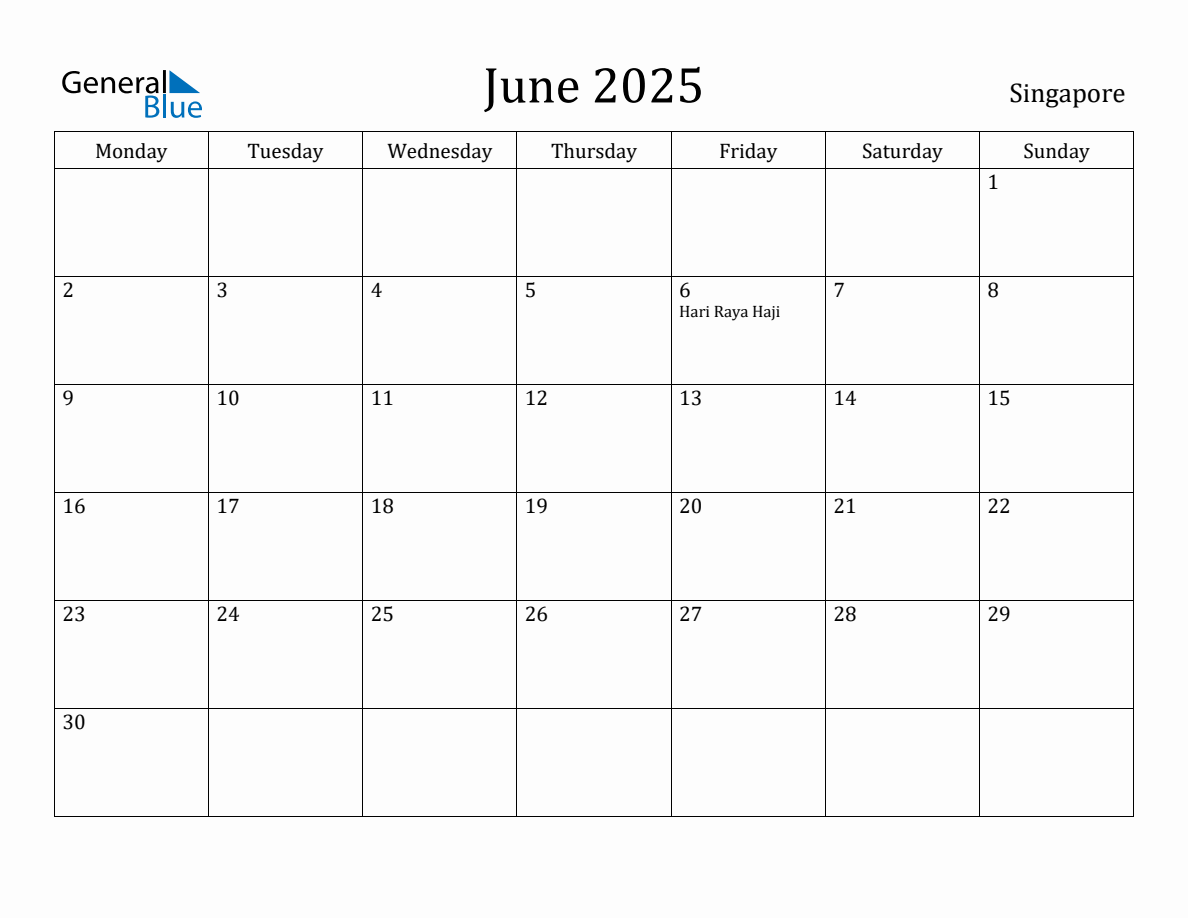 June 2025 Singapore Monthly Calendar with Holidays