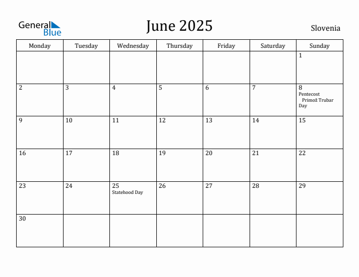 June 2025 Calendar Slovenia