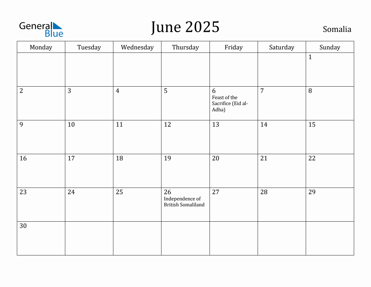 June 2025 Monthly Calendar with Somalia Holidays