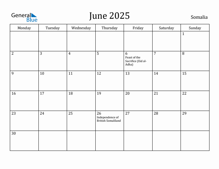 June 2025 Calendar Somalia