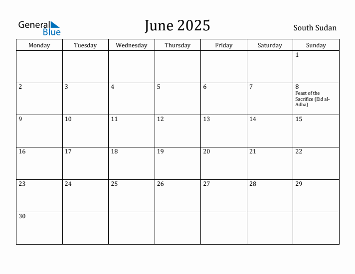 June 2025 Calendar South Sudan