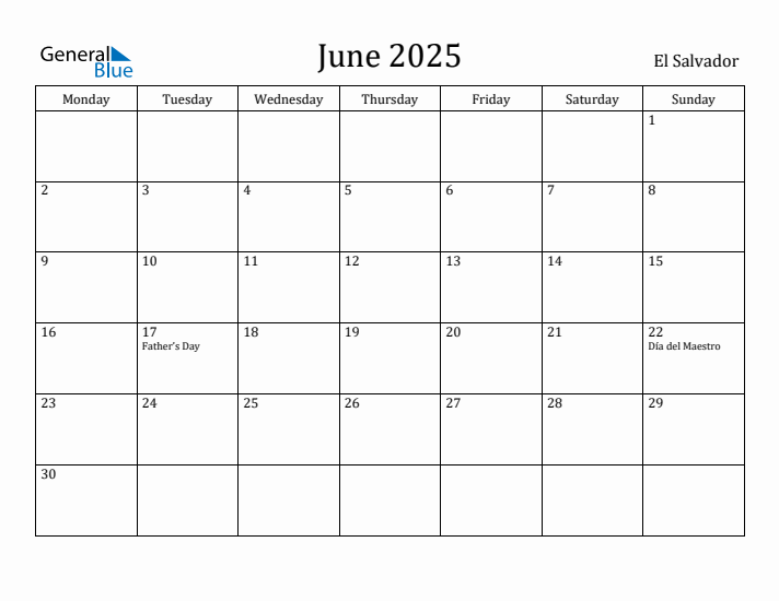 June 2025 Calendar El Salvador