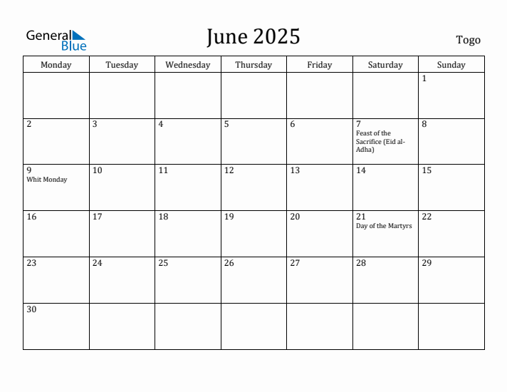 June 2025 Calendar Togo