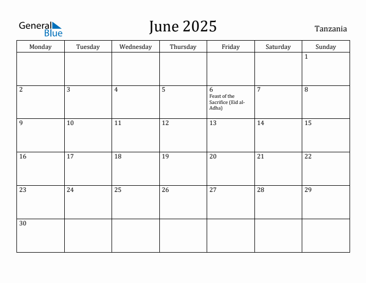 June 2025 Calendar Tanzania