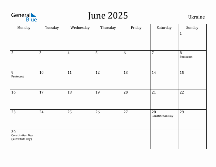 June 2025 Calendar Ukraine