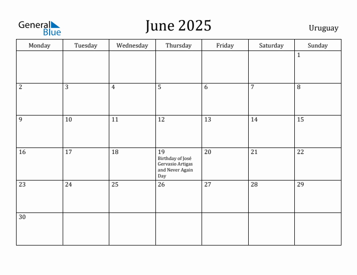 June 2025 Calendar Uruguay