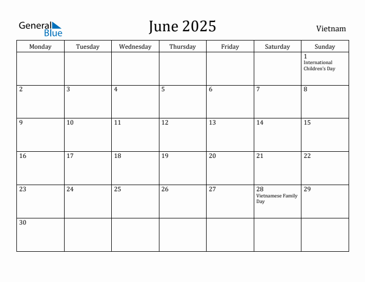 June 2025 Calendar Vietnam
