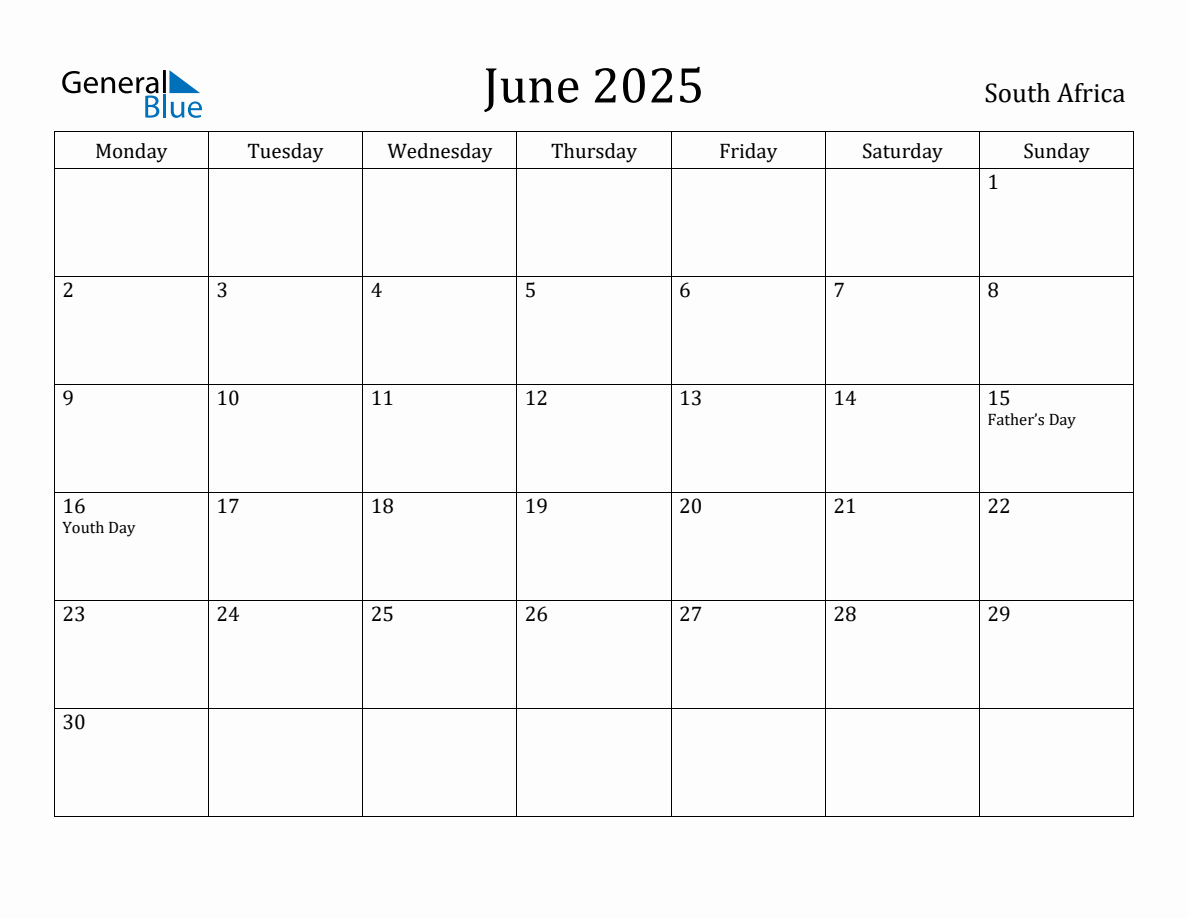 June 2025 South Africa Monthly Calendar with Holidays