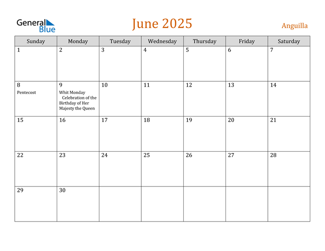 Anguilla June 2025 Calendar with Holidays