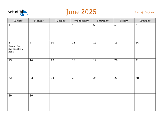 June 2025 Calendar with South Sudan Holidays