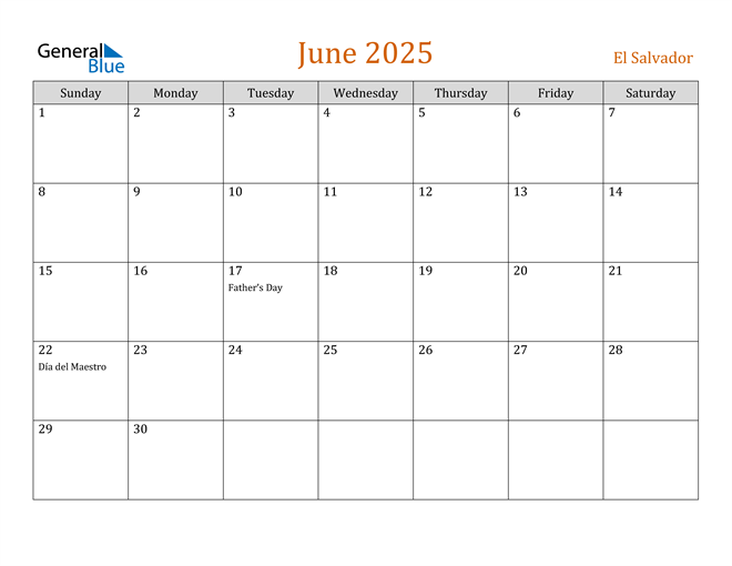 June 2025 Calendar with El Salvador Holidays