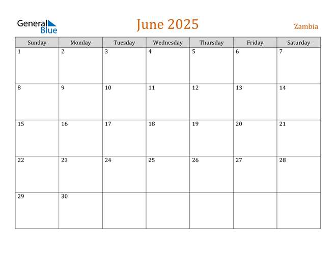 Zambia June 2025 Calendar with Holidays