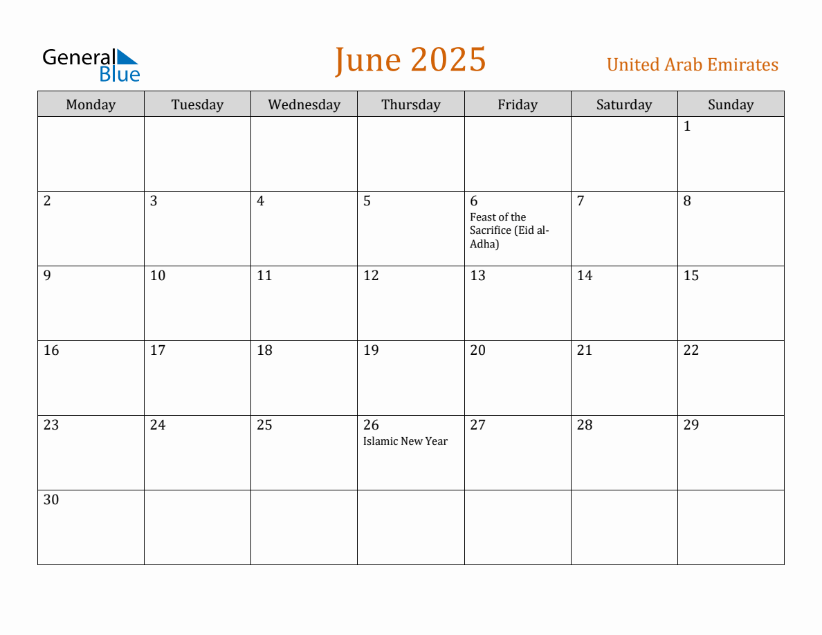 Free June 2025 United Arab Emirates Calendar