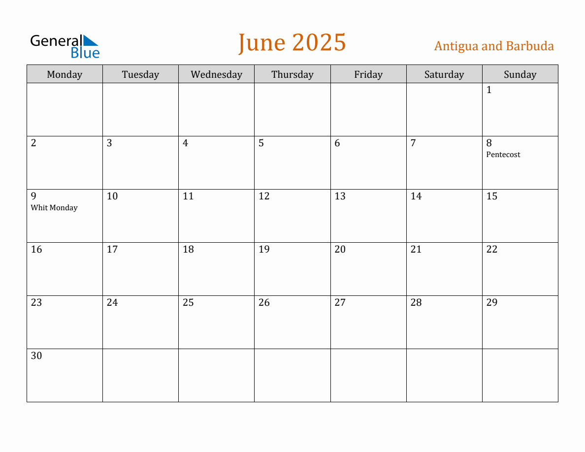 Free June 2025 Antigua and Barbuda Calendar