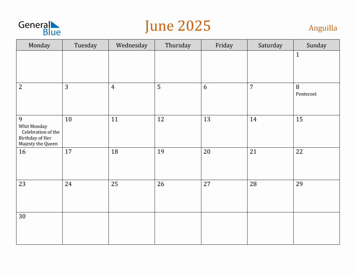 Free June 2025 Anguilla Calendar