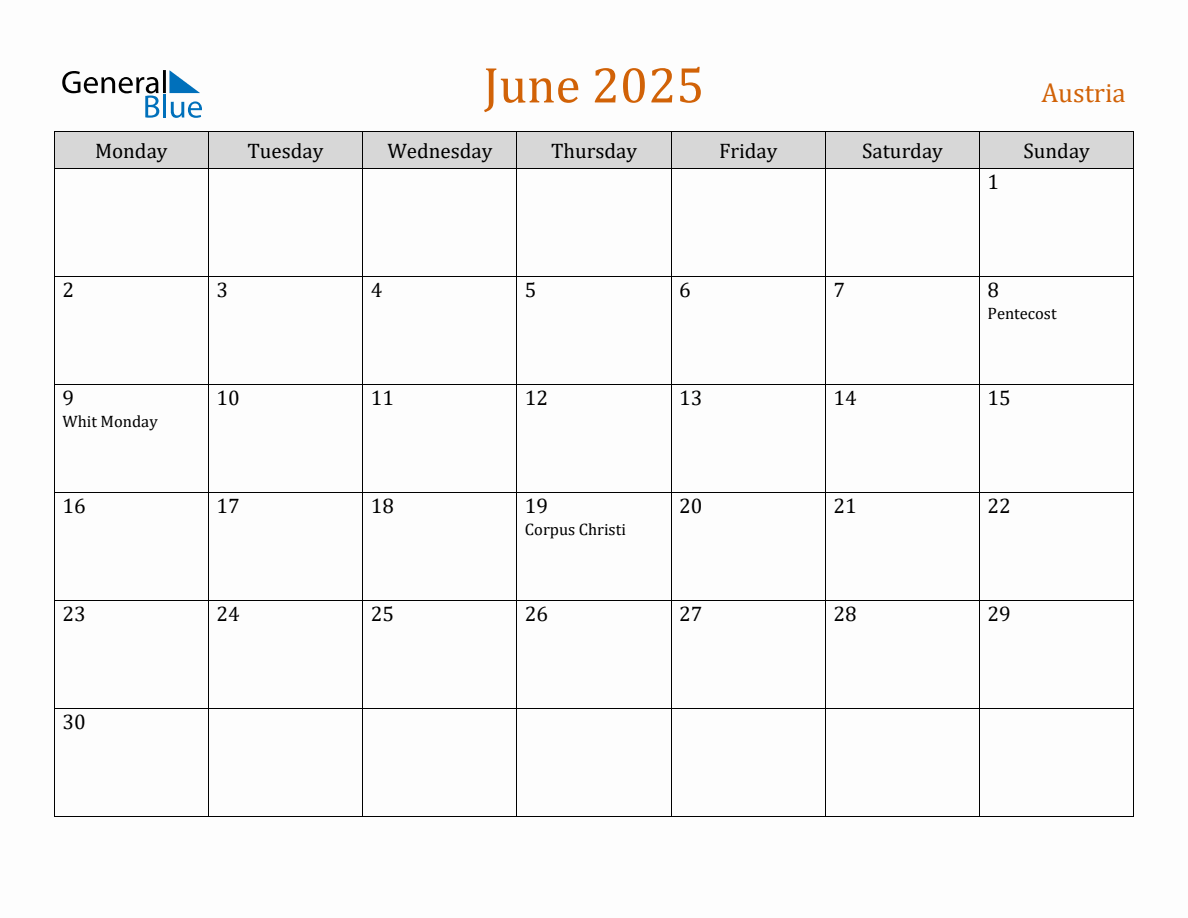 Free June 2025 Austria Calendar