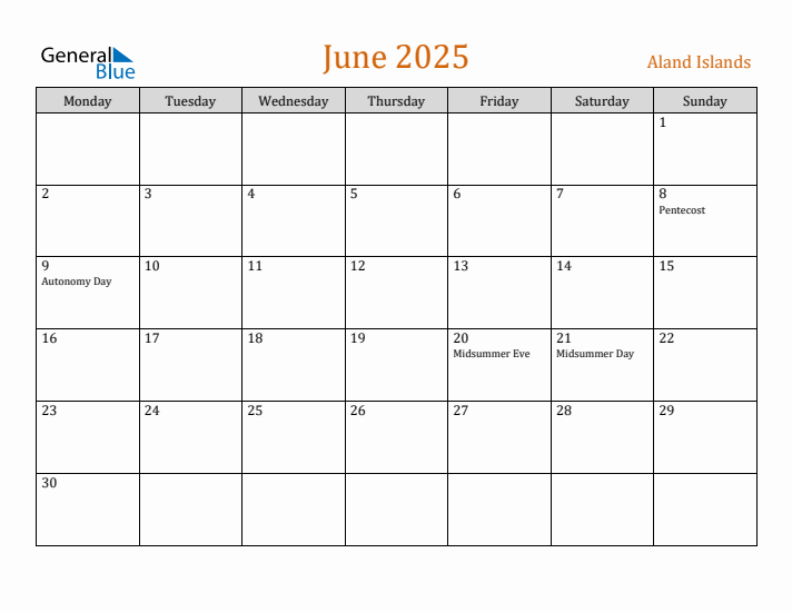 June 2025 Aland Islands Monthly Calendar with Holidays