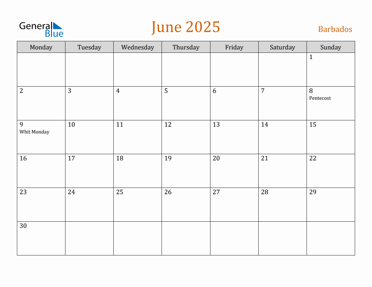 Free June 2025 Barbados Calendar