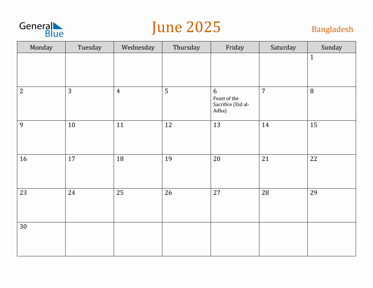 Free June 2025 Bangladesh Calendar