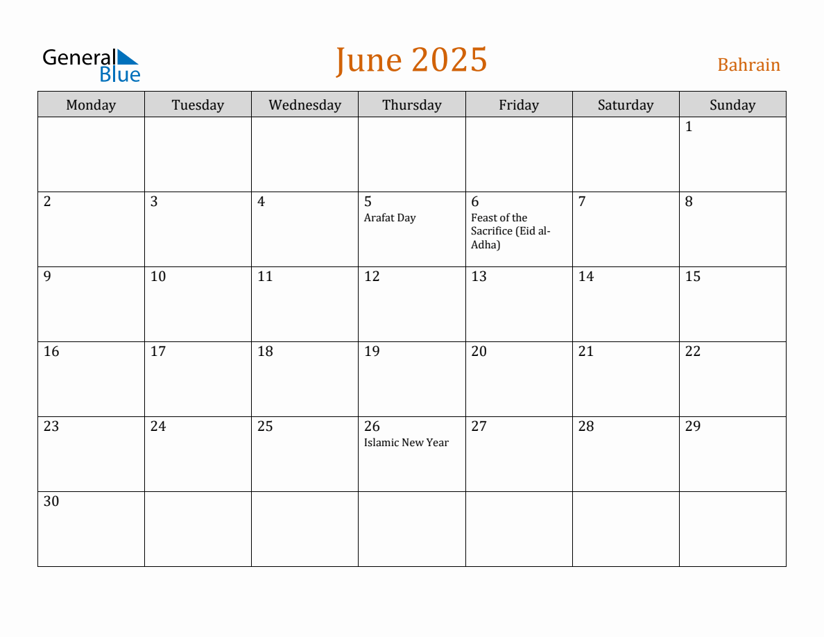 Free June 2025 Bahrain Calendar