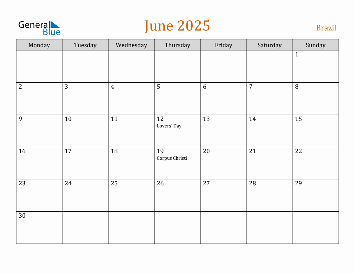 Free June 2025 Brazil Calendar