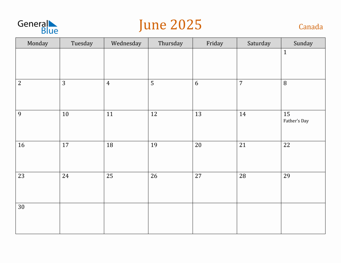 Free June 2025 Canada Calendar