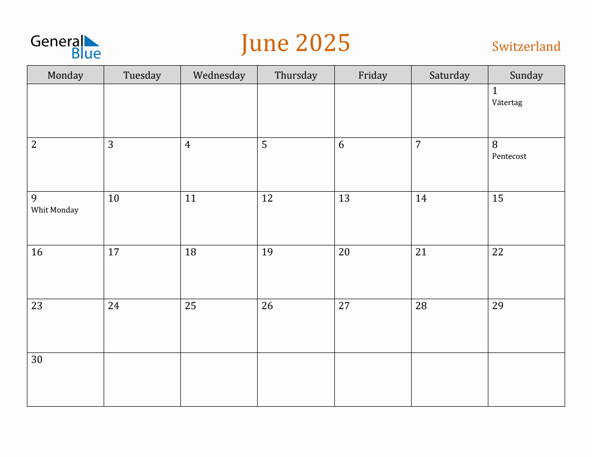 Free June 2025 Switzerland Calendar