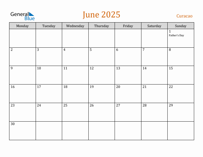June 2025 Holiday Calendar with Monday Start