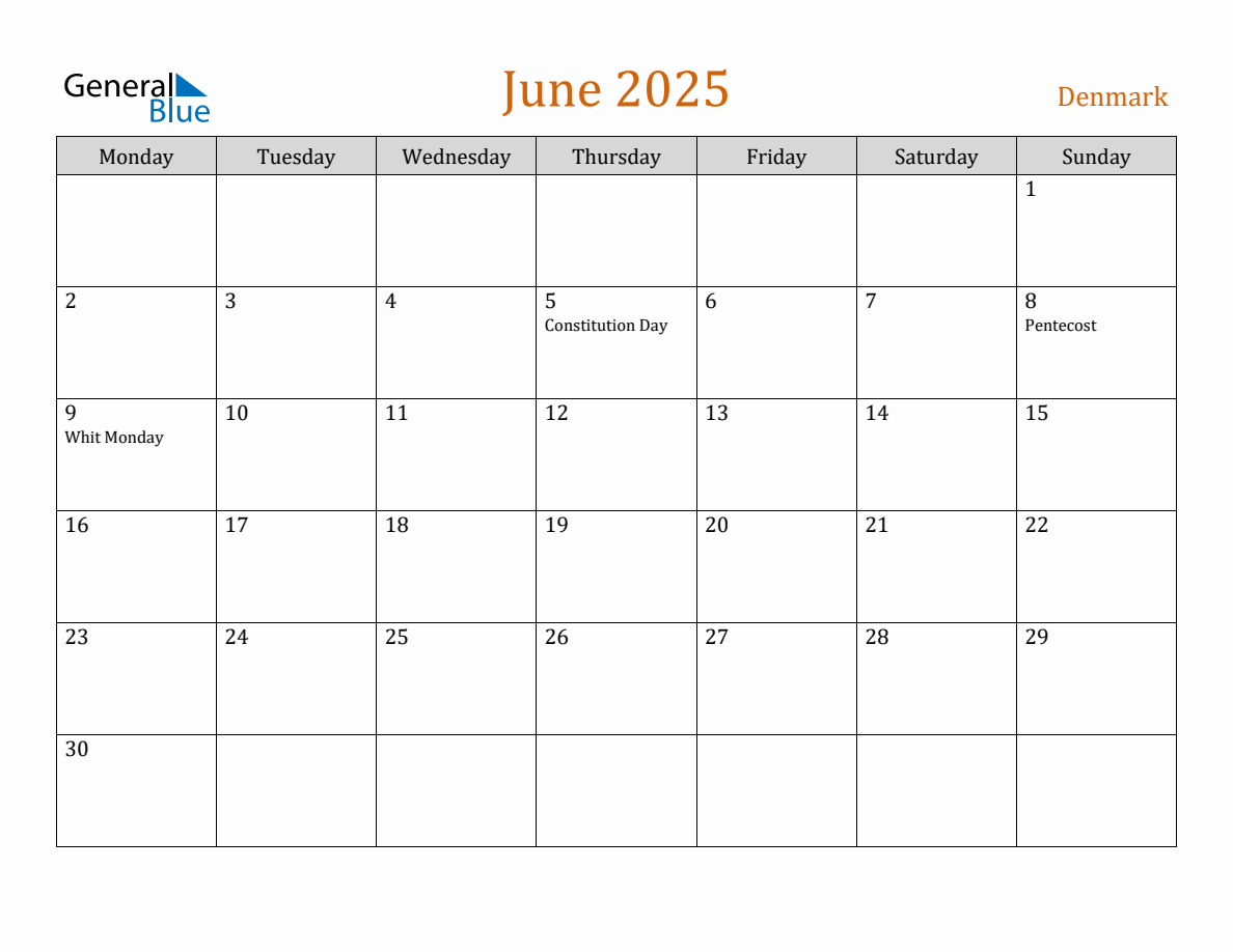 Free June 2025 Denmark Calendar