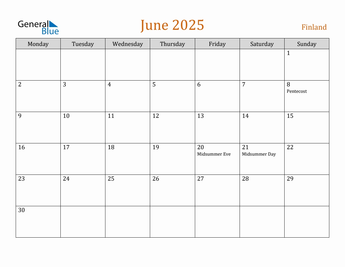 Free June 2025 Finland Calendar